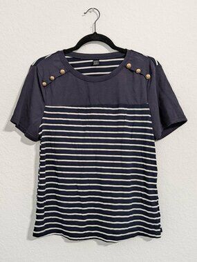 SHEIN Women's Navy & White Striped Top w/ Button Details NWOT (Medium)